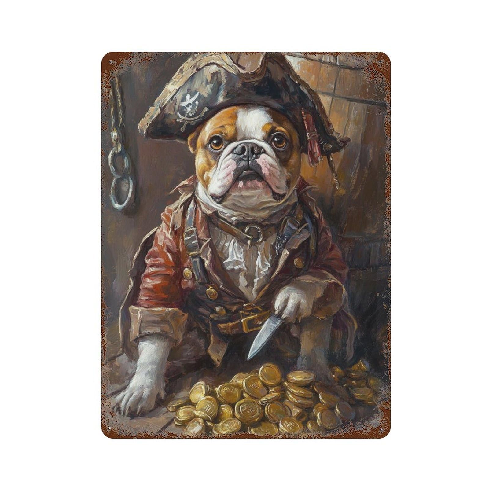 Pirate Bulldog Treasure Chest-5 Weathered Tin Sign 15.7"x11.8", Classic Wall Plaque for Garage, Bar And Workshop Decor
