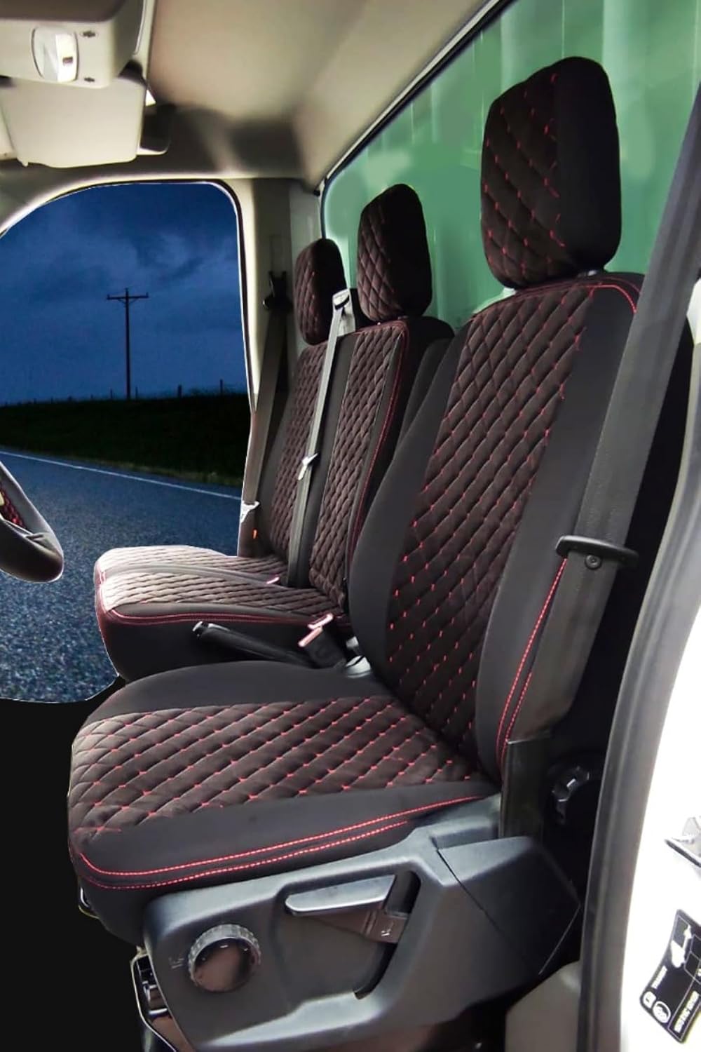 Ford Transit Tek Kabin 2014 Model ve Üzeri İle Uyumlu Tay Tüyü Kumaş Araca Özel Oto Koltuk Kılıfı (Siyah Kırmızı)