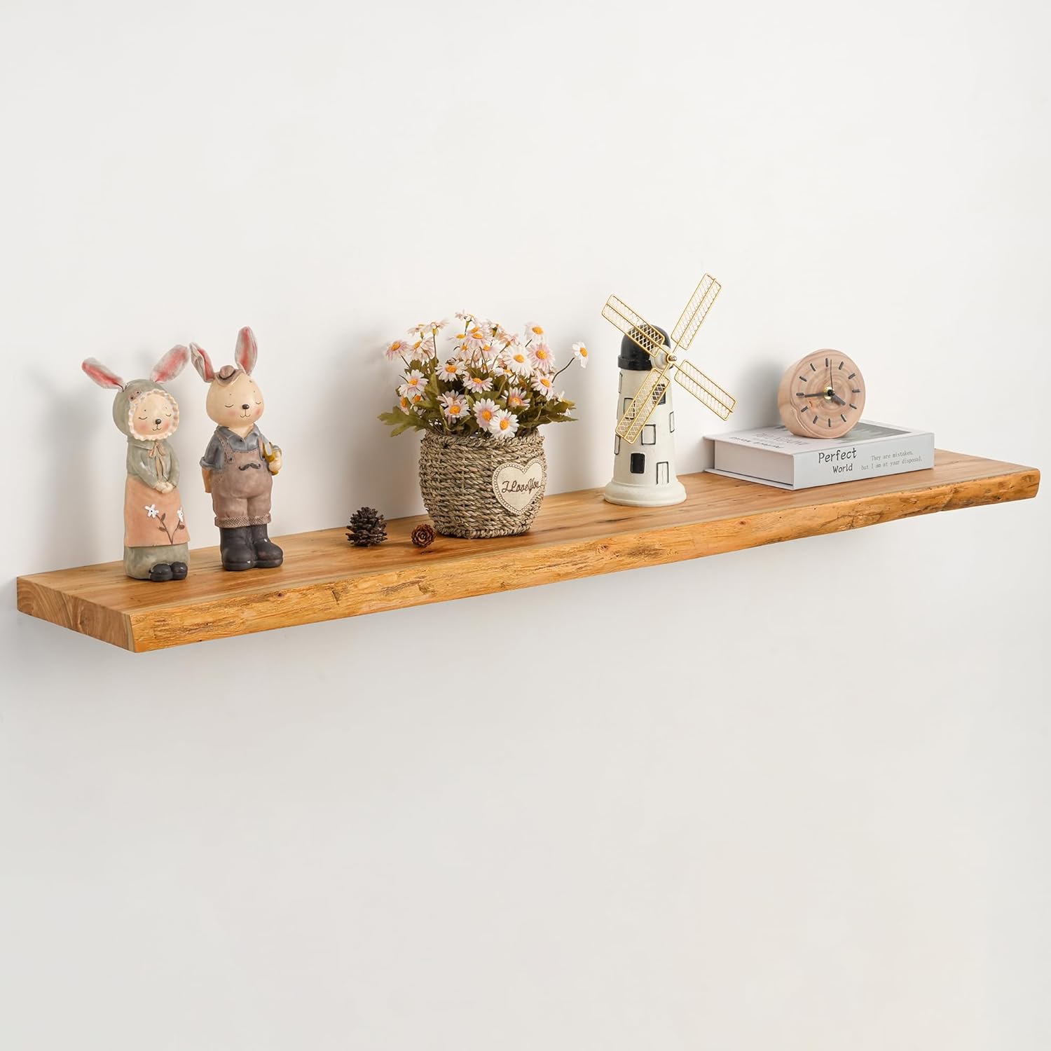 Floating Shelves Se - Natural Waterproof Wood Wall Shelves with Invisible Brackets for Bathroom, Kitchen, Balcony - Resistant Solid Teak Wall Decor (Natural Elm, Live Edge, 48" L, 1Packs) Natural Elm Live Edge, 48"L, 1Packs