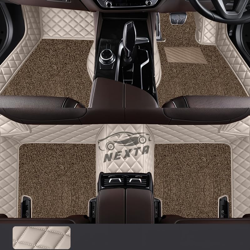 Image of NEXTA Premium Faux Leather 7D Car Floor Mats for MG Majestor - 7 Seater (All 3 Rows) || Luxury Leather with Grass Mat Complete Set || 100% Waterproof and Washable (Color Biege)