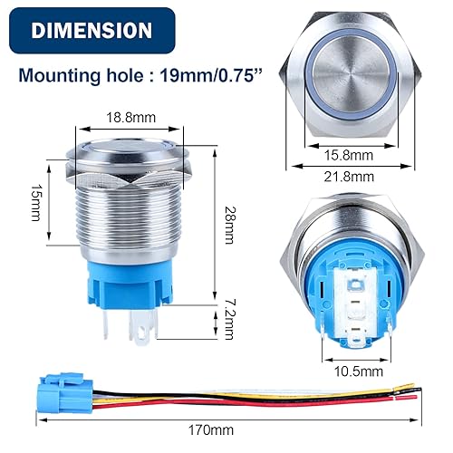 Miniatura 4 de DMWD 2 interruptores de botón momentáneo de 0.748 in de 12 V 24 V CC, indicador LED, impermeable, antivandálico, carcasa de acero inoxidable,