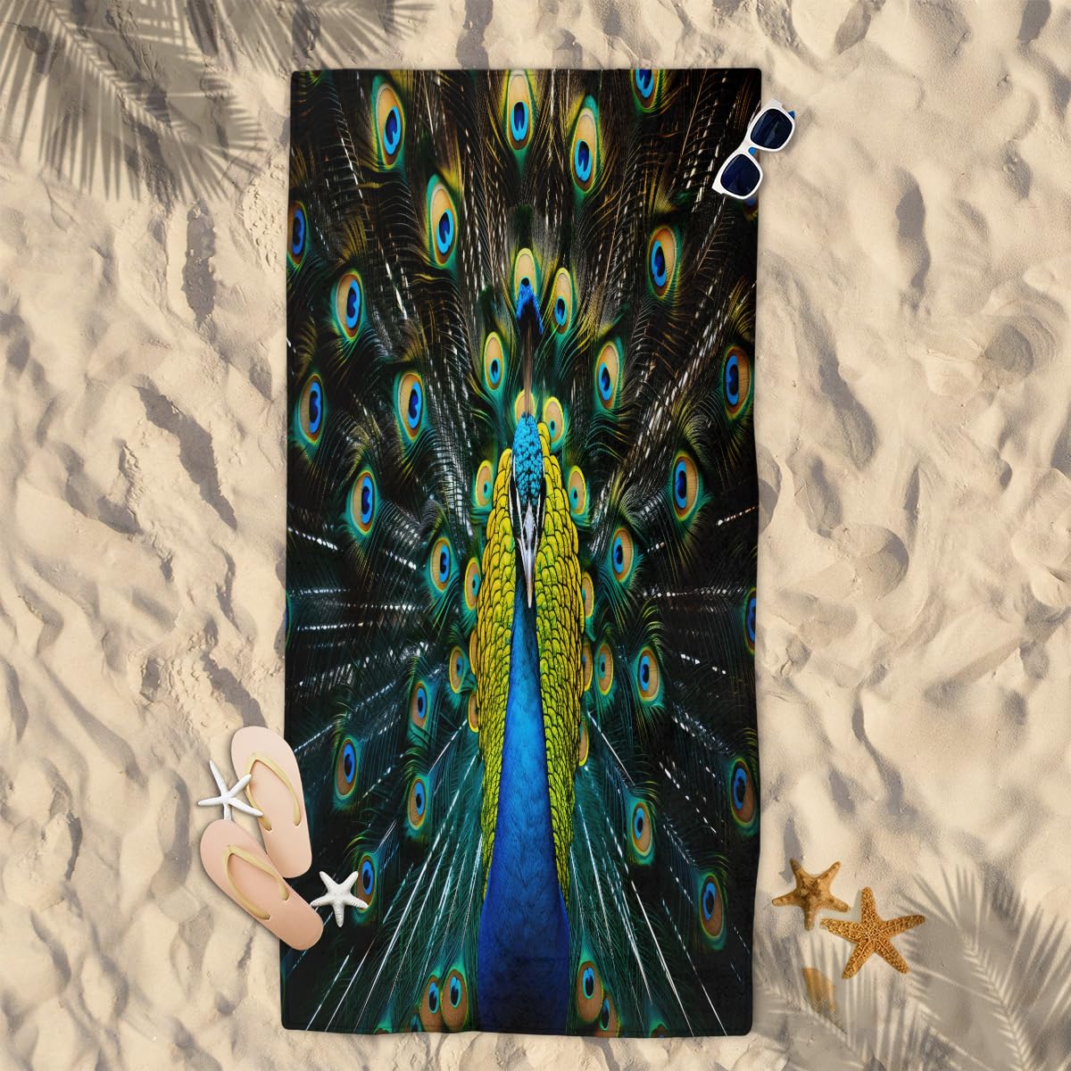 Pretty Peacock Beach Towel - Microfiber Quick Dry, Sand Resistant, 32x52 Inches, Oversized For Adults