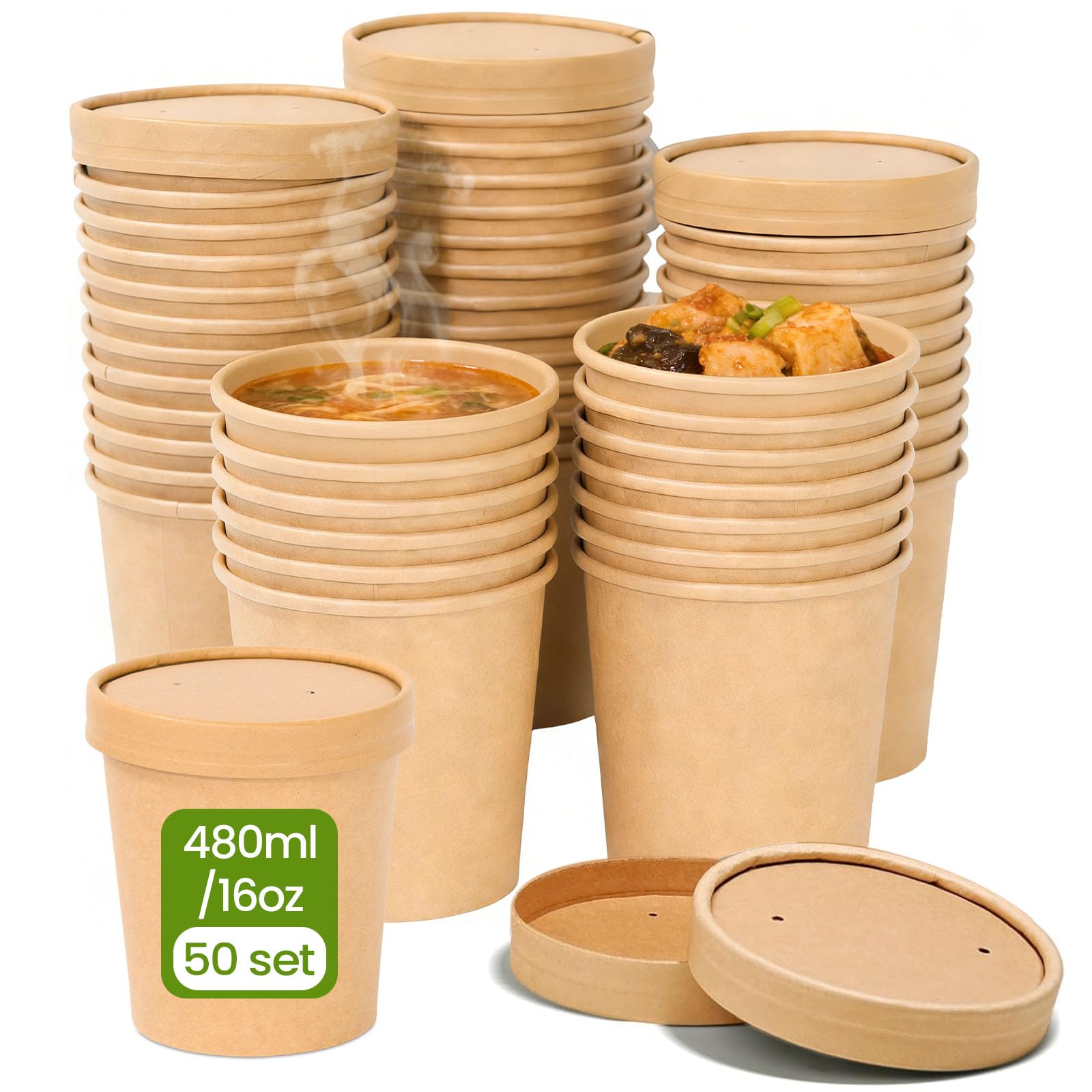 LANSKYLAN 50 Pezzi Contenitore per Zuppa in Carta Kraft Marrone 480 ml Bicchieri da Zuppa con Coperchio Contenitore per Alimenti da Asporto per Insalata Zuppa Gelati Dessert Gastronomia
