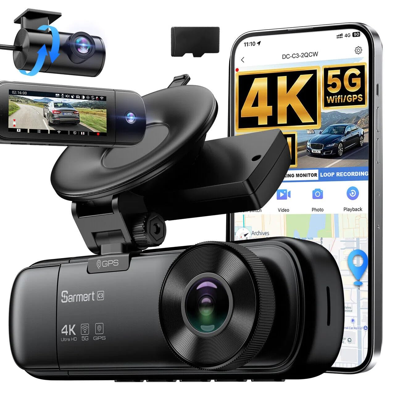 3-kanałowa kamera samochodowa SARMERT 4K kamera samochodowa z przodu wewnątrz i z tyłu z bezpłatną kartą 64 GB, kamera samochodowa 4K+1080P + 1080P, czujnik G, WDR, aplikacja, 5G WiFi, noktowizor