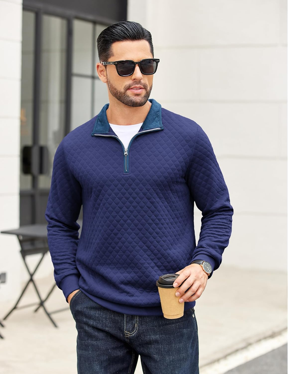 COOFANDY Mens Quarter Zip Pullover Mock Neck Quilted Sweatshirt Casual Long Sleeve Polo Sweater - Image 3