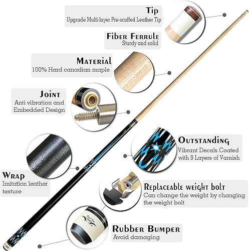 Miniatura 2 de Tai ba cues Palo de billar de 2 piezas + funda rígida, punta de 0.512in, 58 pulgadas, madera dura de arce canadiense profesional, palo de billar de