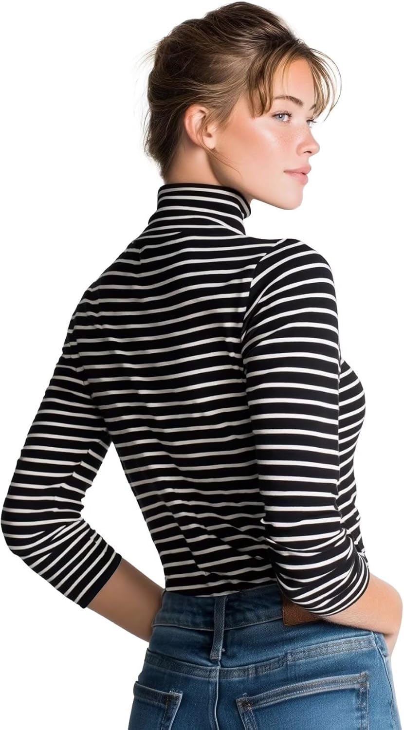 Zengjo Striped Turtleneck Women Long Sleeve Fitted High Neck Top Lightweight Soft Stretchy - Image 2