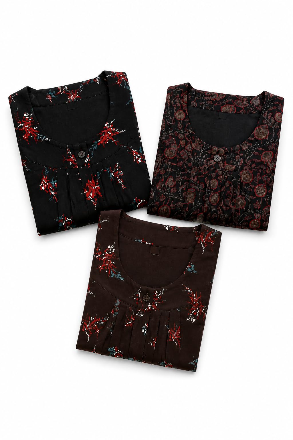 Women's Cotton Floral Nightgown Combo, Pack of 3, Free Size, 2 Full Length Nighties and 1 Frock Style Dark Blue-picture-21