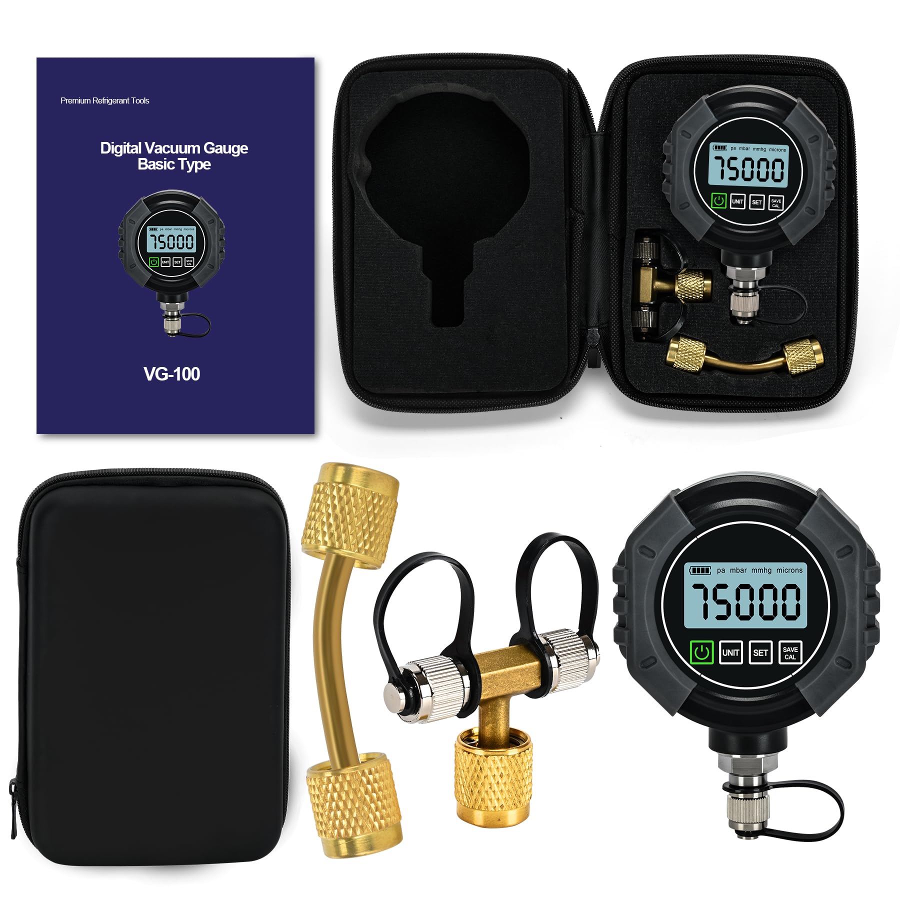 Photo 1 of 2026 Upgrade Digital Vacuum Gauge, HVAC Micron Gauge Tester, HVAC Vacuum Pressure Gauge, 0-75,000 Microns, 7/16-20 UNF, User-Set Audible Alarm Value, 1/4" SAE Extension Connector and T-Type Connector