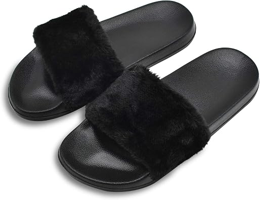 Womens Faux Fur Flat Slide Sandals Arch Support Fluffy Plush Slip on Shoes Indoor House Slippers Non Slip Black