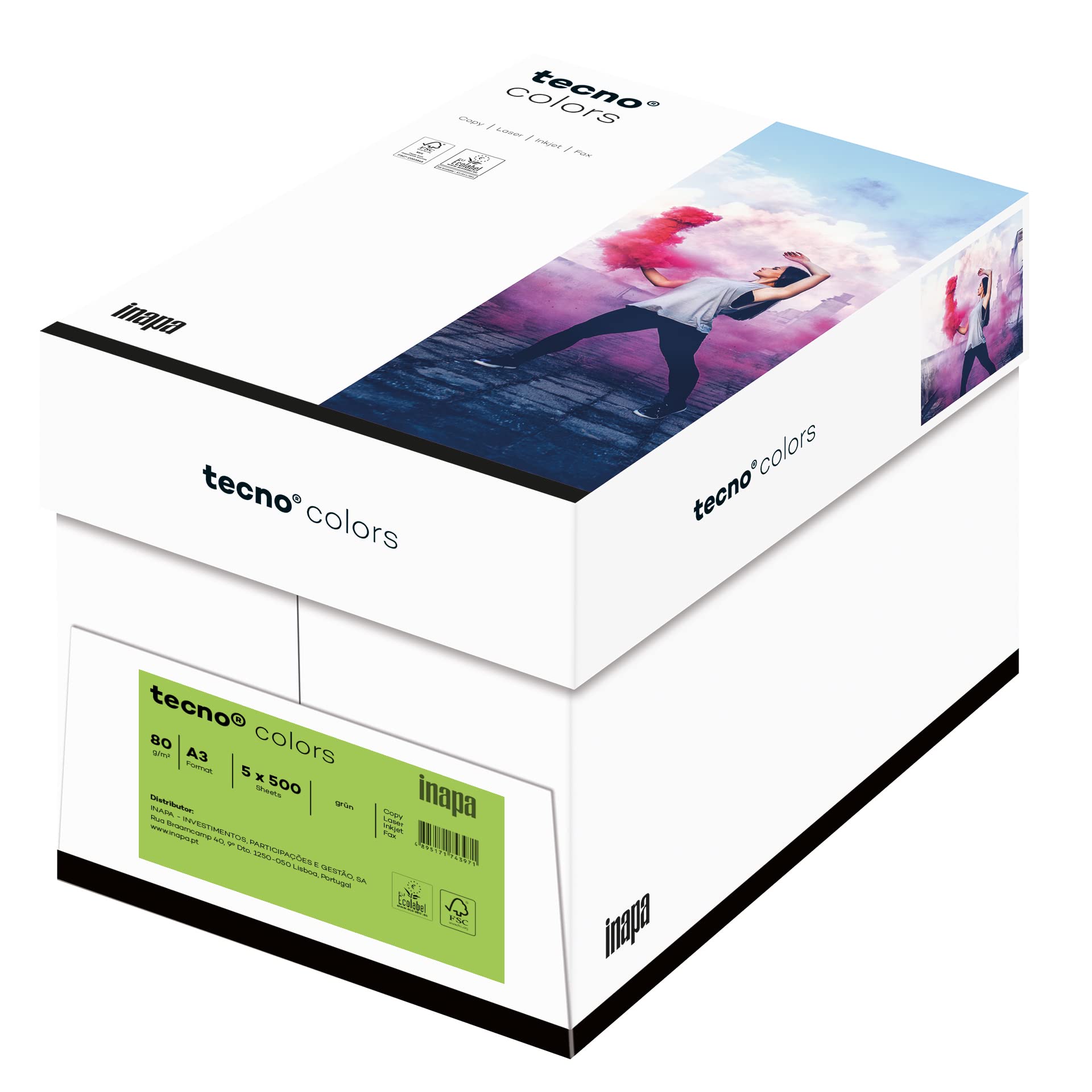 inapa farbiges Druckerpapier, buntes Papier tecno Colors: 80 g/m², A3, 2.500 Blatt (5x500), grün