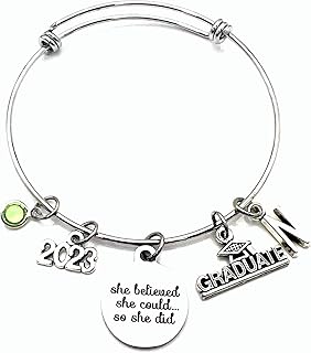 2023 Graduation Gift for Her, She believed she could so she did Charm Bracelet, Grad Jewelry, Graduate Charm Bracelet for Daughter, Granddaughter, Niece, with optional - initial, birthstone and year - personalized custom Present - Canadian Seller, Made in Canada
