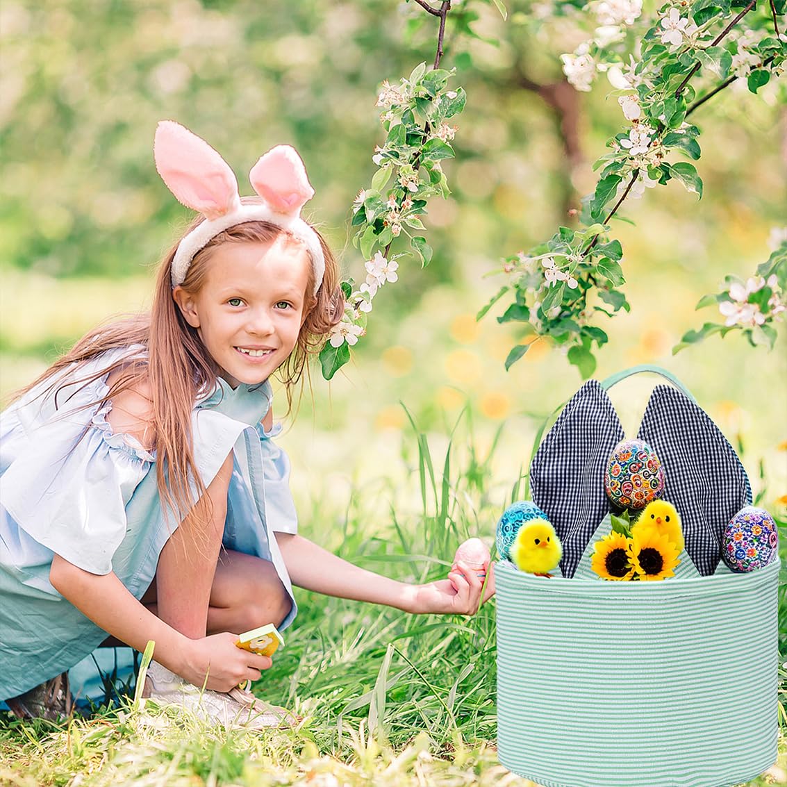 Easter Basket Seersucker Egg Hunt Bunny Baskets for Kids with Cute Rabbit Ears Stripe Storage Gifts Candies Personalized Easter Party Gifts.………