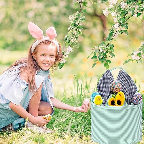 Miniatura 5 de Cesta de conejo de Pascua para huevos de Pascua, cacería de dinosaurio verde, cubos de lona de Pascua con orejas únicas para llevar huevos dulces