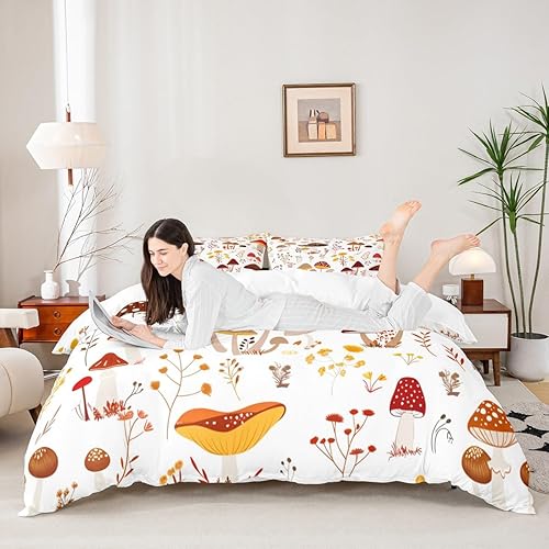 Miniatura 153 de Juego de funda de edredón de 3 piezas, diseño de hongos, diseño de hojas botánicas de acuarela y fresa, para niños, adolescentes, adultos, libélula