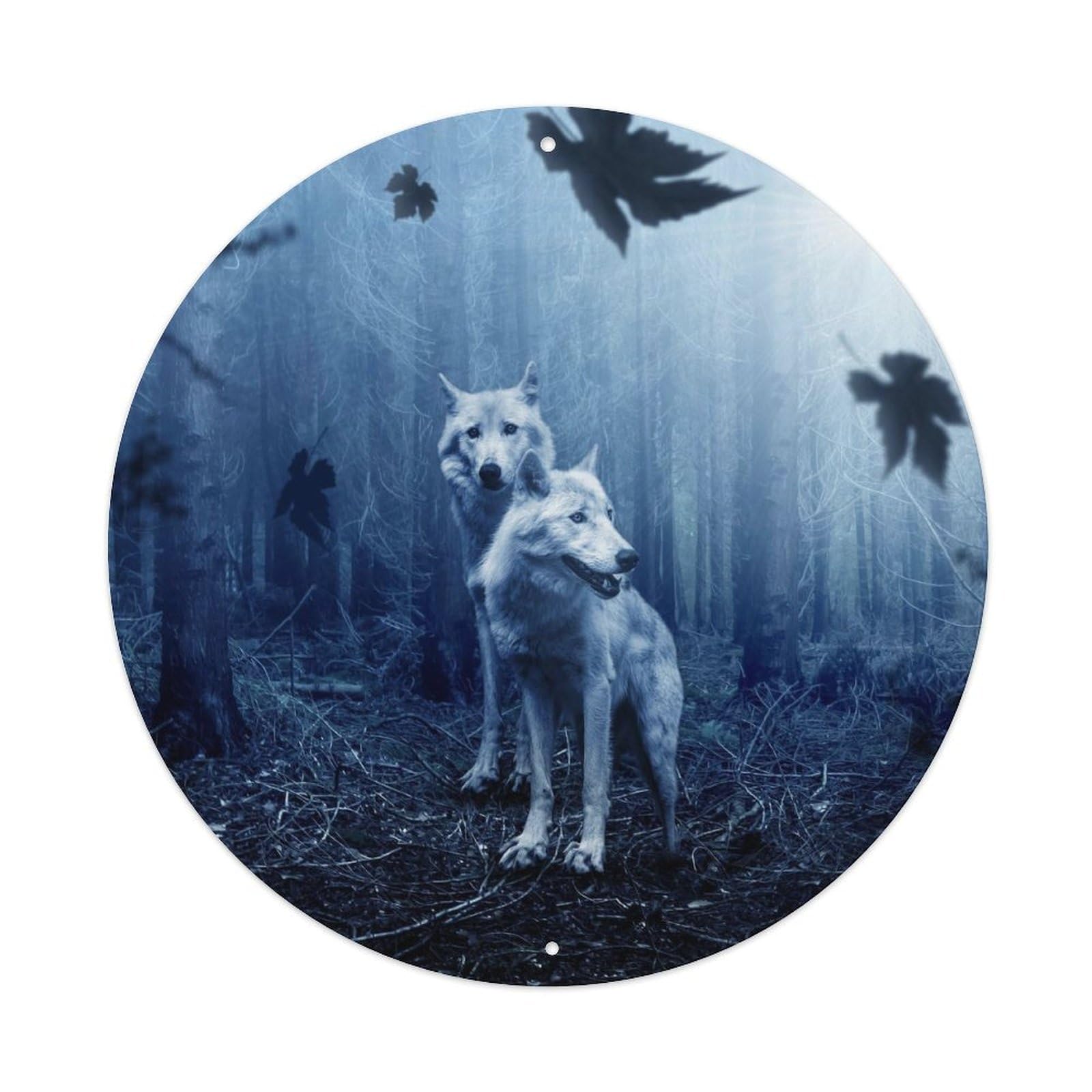 White Wolf Dark Forest Wildlife Fantasy Night Metal Tin Sign