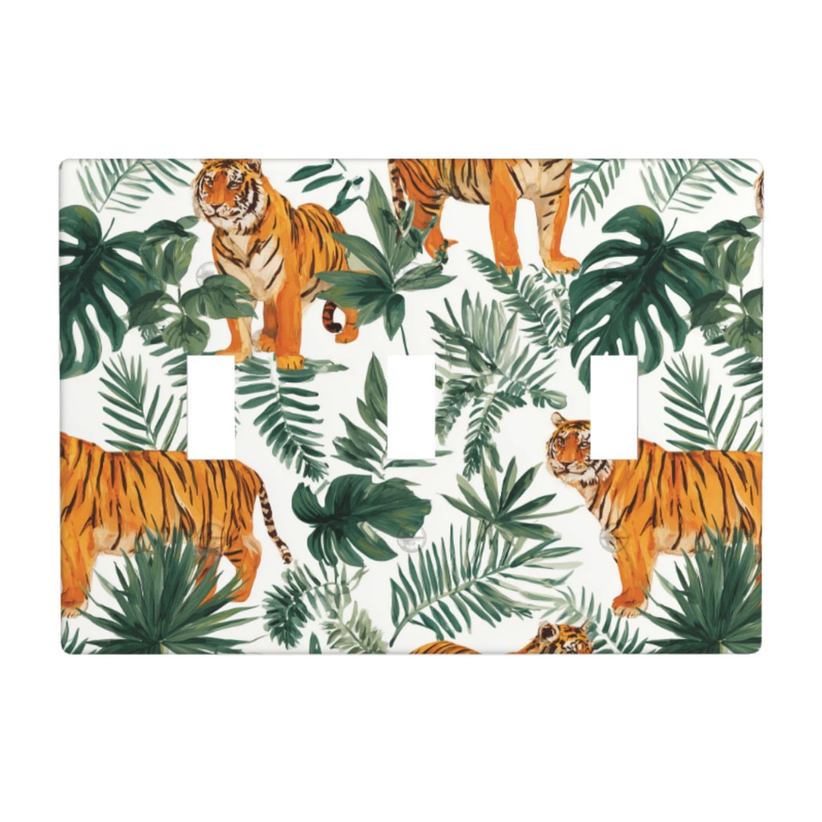 Woshuwo White Watercolor Tigers Greenery Palm Leaves Light Switch Covers 3 Gang Triple Toggle Wall Plate Switchplate Electrical Faceplate For Bathroom Kitchen Bedroom Decor