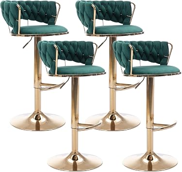 360 Velvet Swivel Bar Stools Set of 4, Adjustable Counter Height Bar Chairs with Woven Back & Footrest, Luxury Gold Bar Stools for Kitchen Island, Cafe, Pub Green