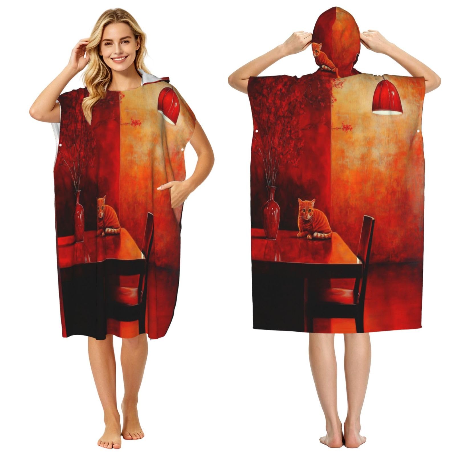 DTHKJNLSF Cat On The Table Adult Hooded Beach Poncho Towel
