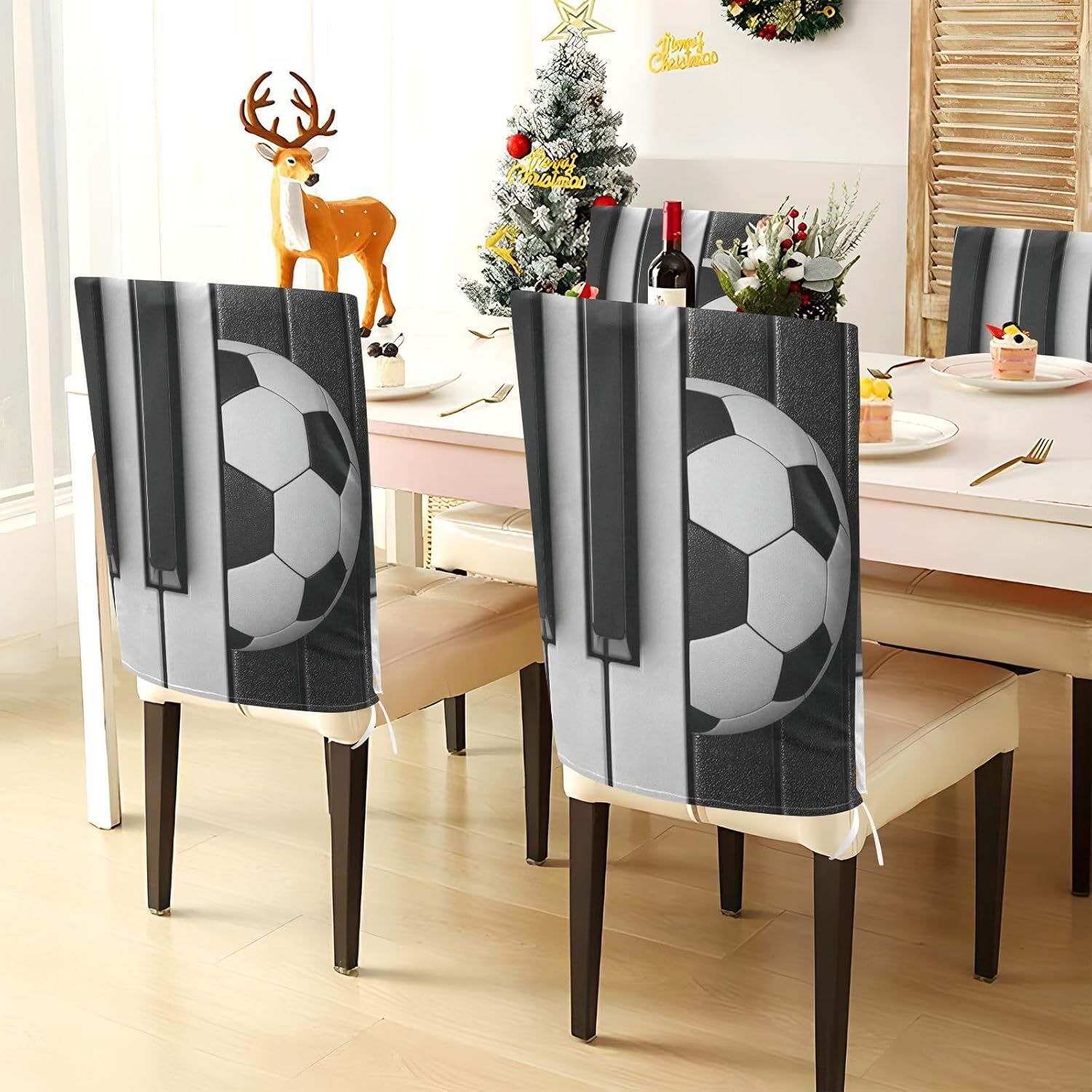 ALAZA Music Piano Keys and Soccer Ball Chair Back Cover Set of 6, Washable Reusable Removable Chair Slipcovers Decorative Chair Cover for Home Kitchen Wedding Party