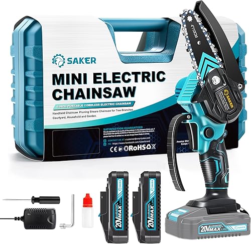 Miniatura 2 de Saker Mini motosierra, motosierra eléctrica portátil inalámbrica y mini motosierra Saker de 4 pulgadas, solo 2 cadenas