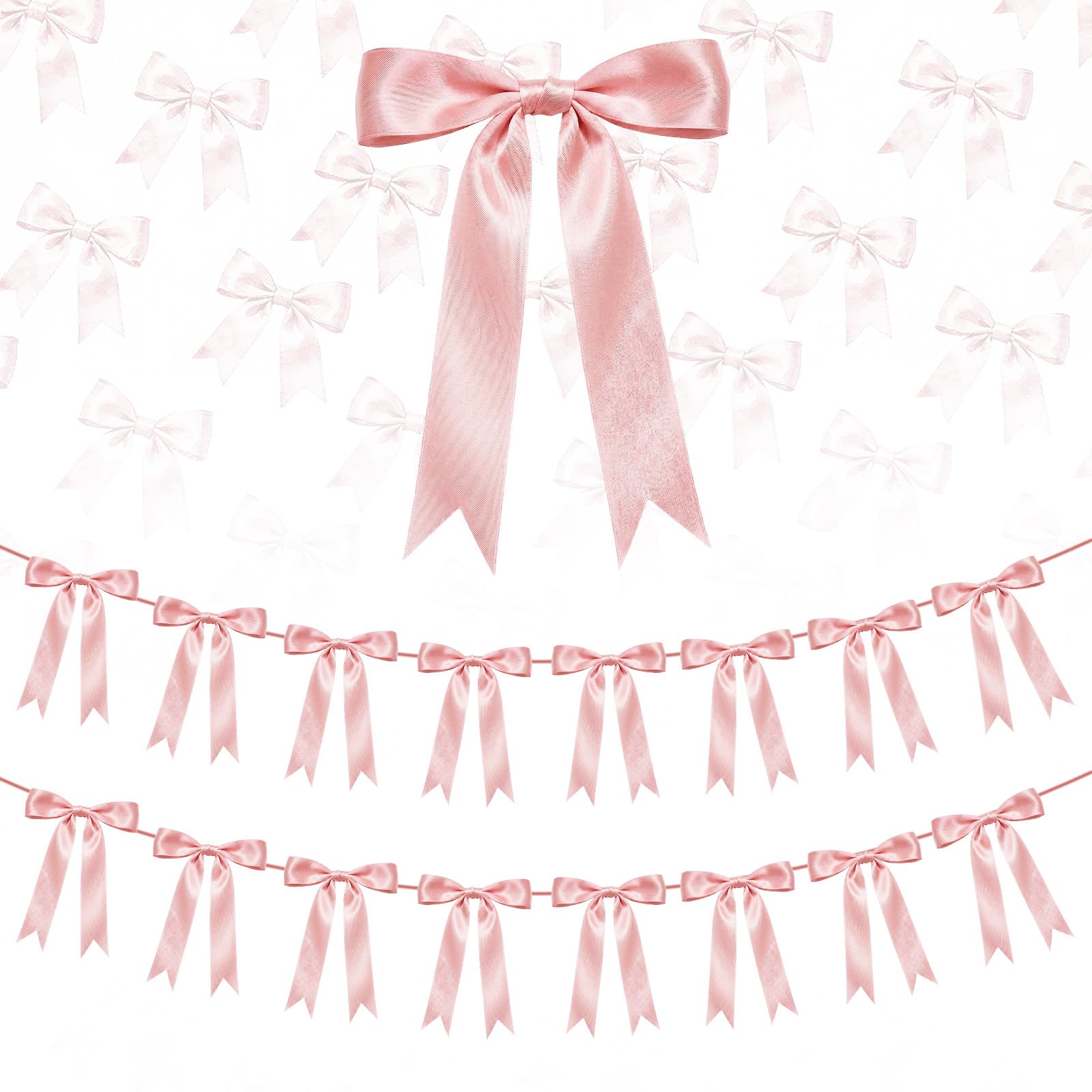 Photo 1 of 2 Strings Dusty Pink Bow Garland Banner Decorations, 16Pcs Pre-Strung Satin Ribbon with 6.7ft Chain for Girls Ribbon Bow Banner Coquette Room Birthday Baby Shower Bachelorette Wedding Party Decor