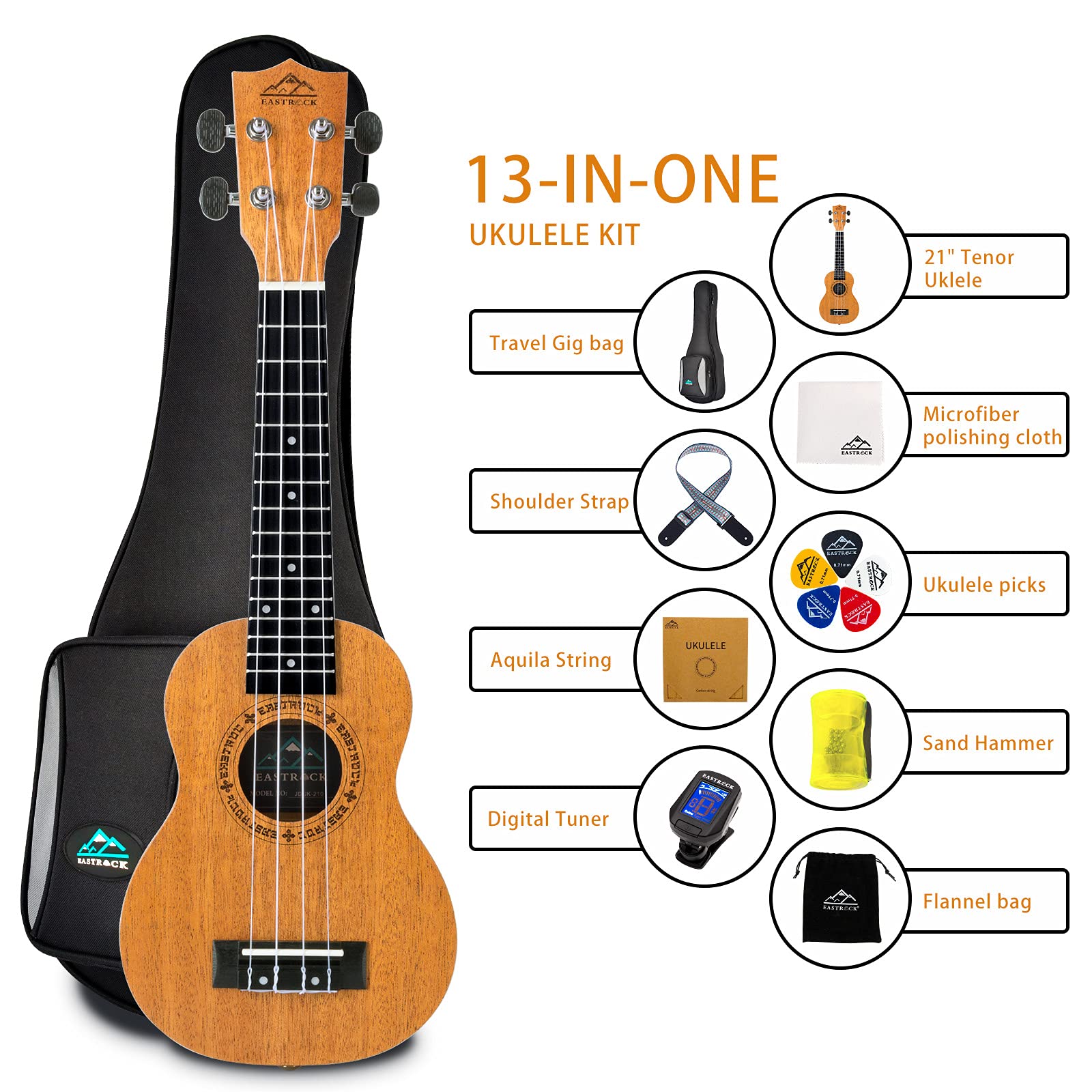EASTROCK Ukulélé soprano 53,3 cm en acajou pour débutants | Grand kit de ukulélé, adapté pour les débutants, idéal pour la pratique, le jeu quotidien et une utilisation à la maison