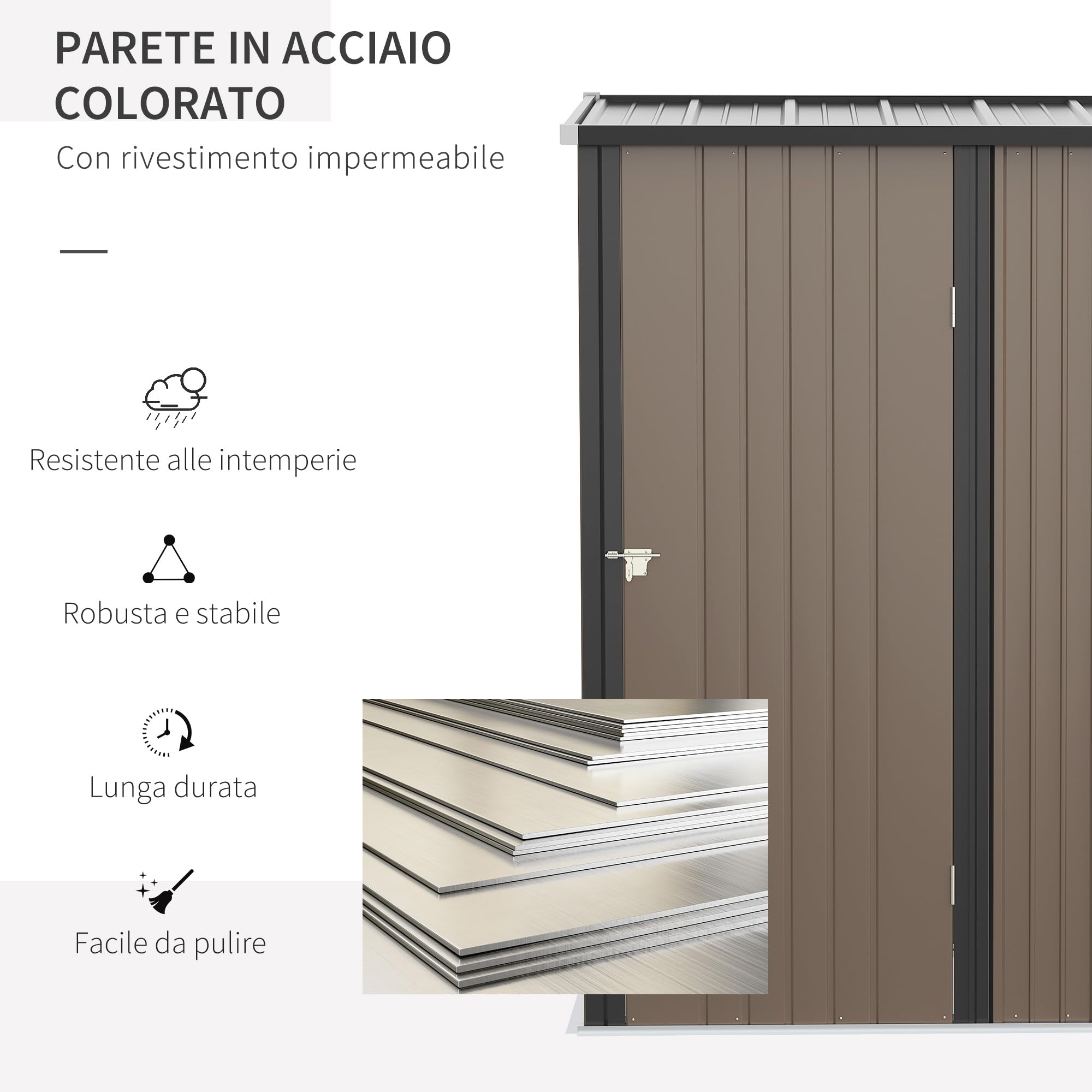 Outsunny Casetta da Giardino 1.34m² Acciaio Zincato Capanno Porta Attrezzi 161.5x94.5x196cm Marrone