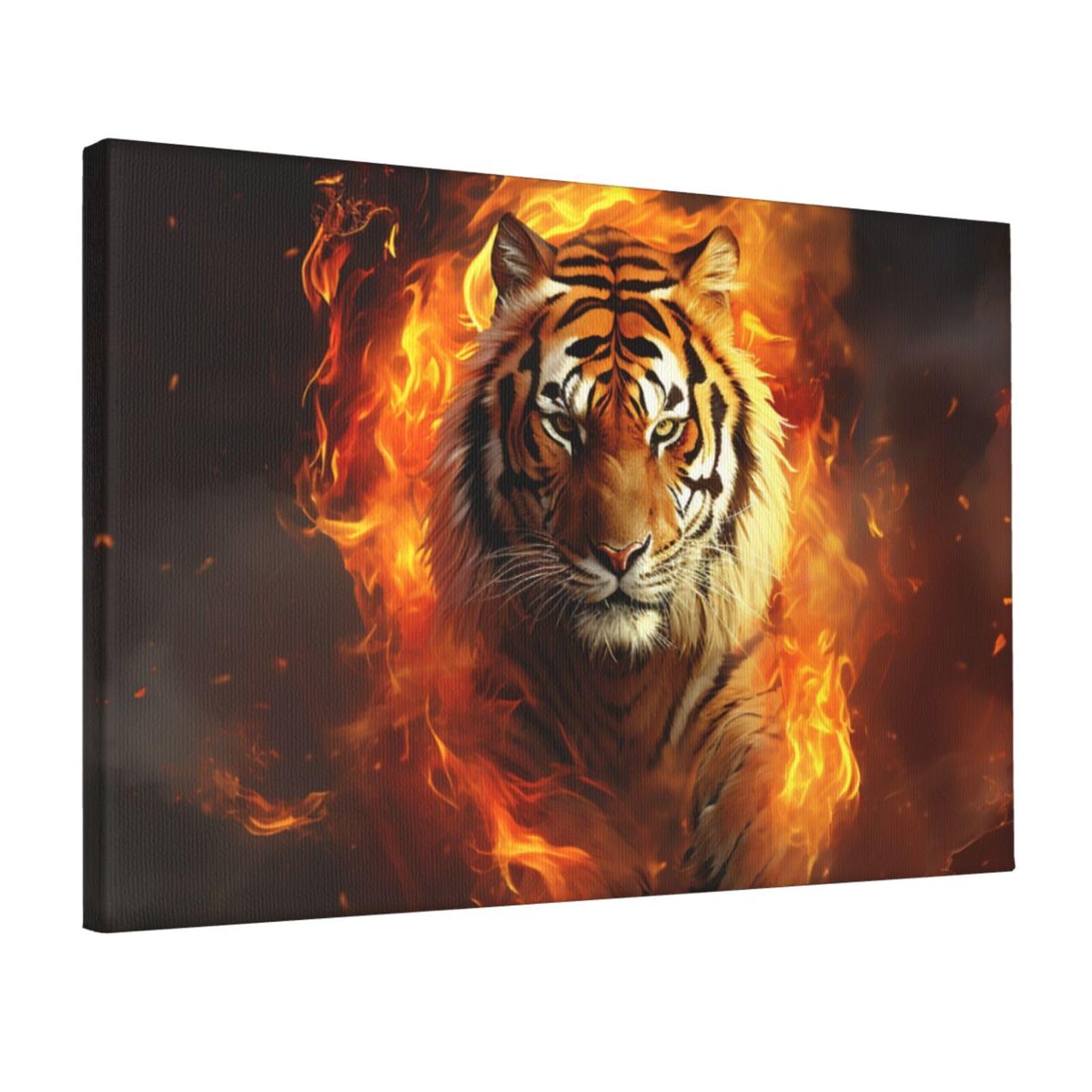 KLOPH Cool Tiger in Flame Canvas Wall Art for Living Room 12"x18" Modern Artwork Painting for Bathroom Hanging Canvas Prints Aesthetic Wallart for Bedroom Kitchen Office Wall Decor