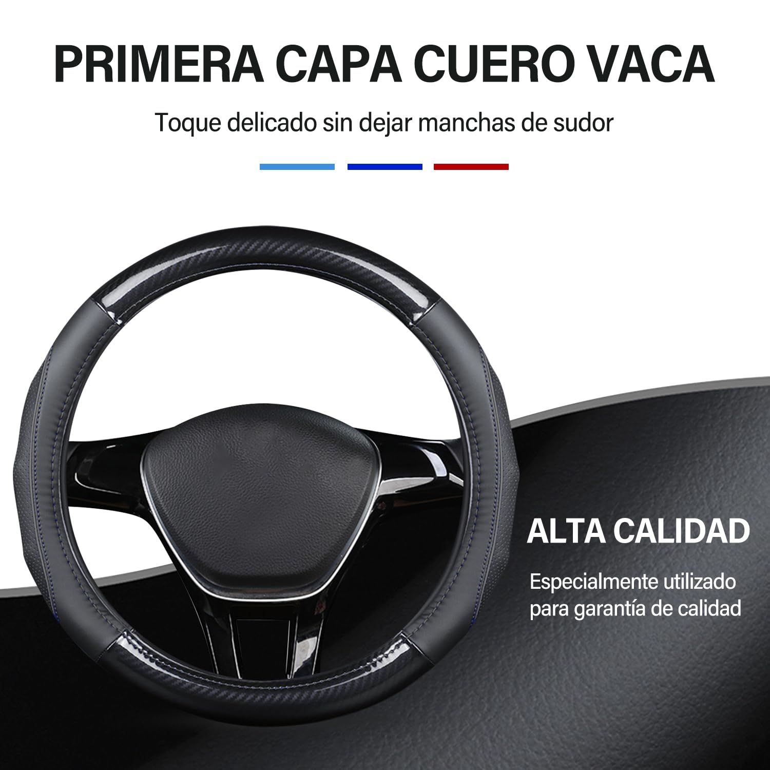 Ergocar Funda Volante De Coche Antideslizante Volante De Coche Protector Forma De D Fibra de Carbono & Piel de Vaca de Primera Capa Para Diámetro 38cm (15 ") (D-negro)