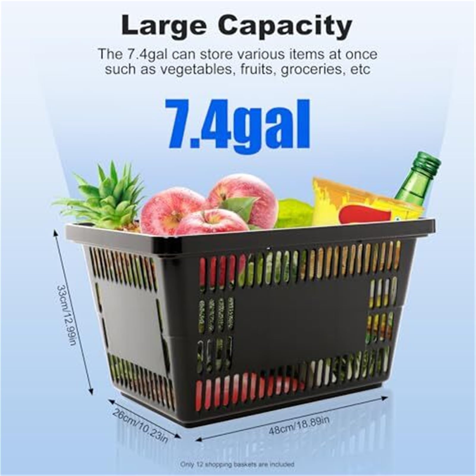 Cesti per la spesa impilabili, confezione da 12 contenitori in plastica resistente con manici per generi alimentari, frutta, verdura, organizzazione domestica, 28 l, 48 x 26 x 33 cm