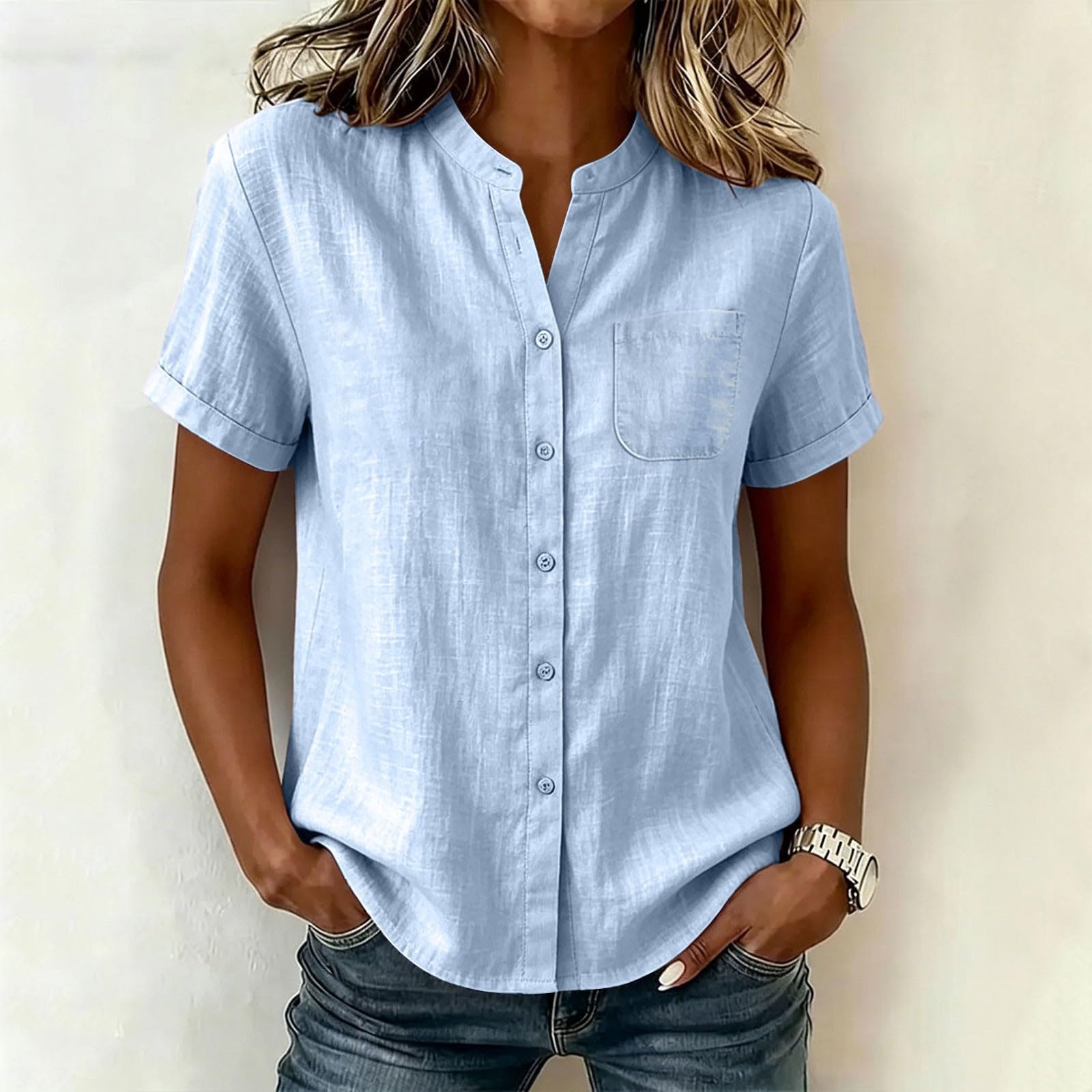 Leinenbluse Damen Musselin V-Ausschnitt Hemd Leinenhemd mit Taschen Leinen Kurzarm Sommer Oberteile Baumwolle Tops mit Knöpfe Casual Bluse Locker Shirt Leichte Tunika Bequem Hemdbluse