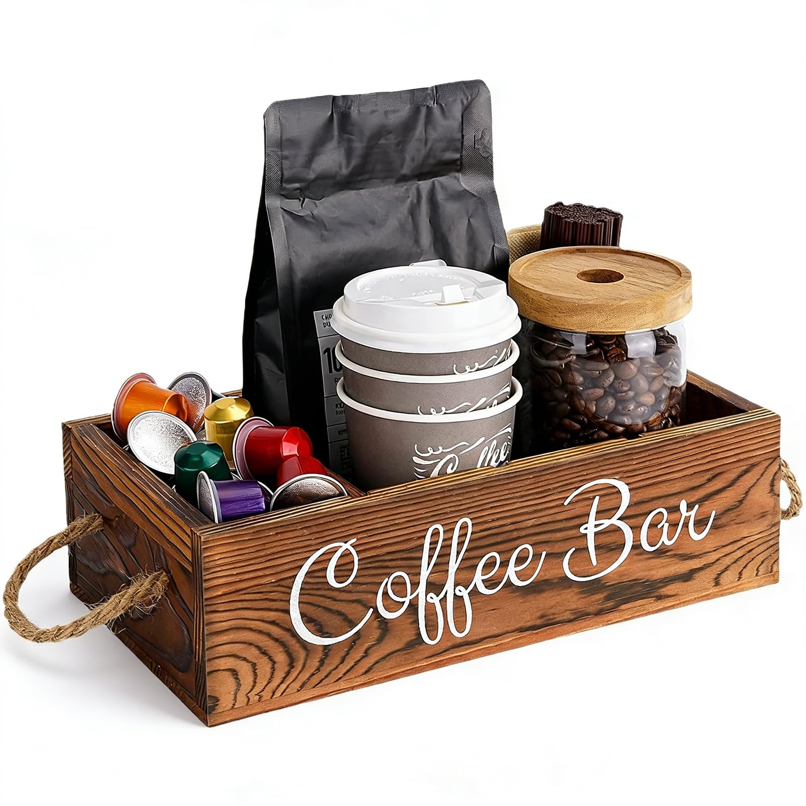 Yeqqzq Coffee Station Organizer with Small Removable Dividers, Wooden Coffee Bar Accessories Storage For Countertop With Handle