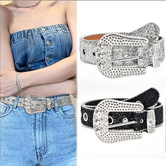 Amazon | Jusavie ベルト レディース メンズ ラインストーン Y2K