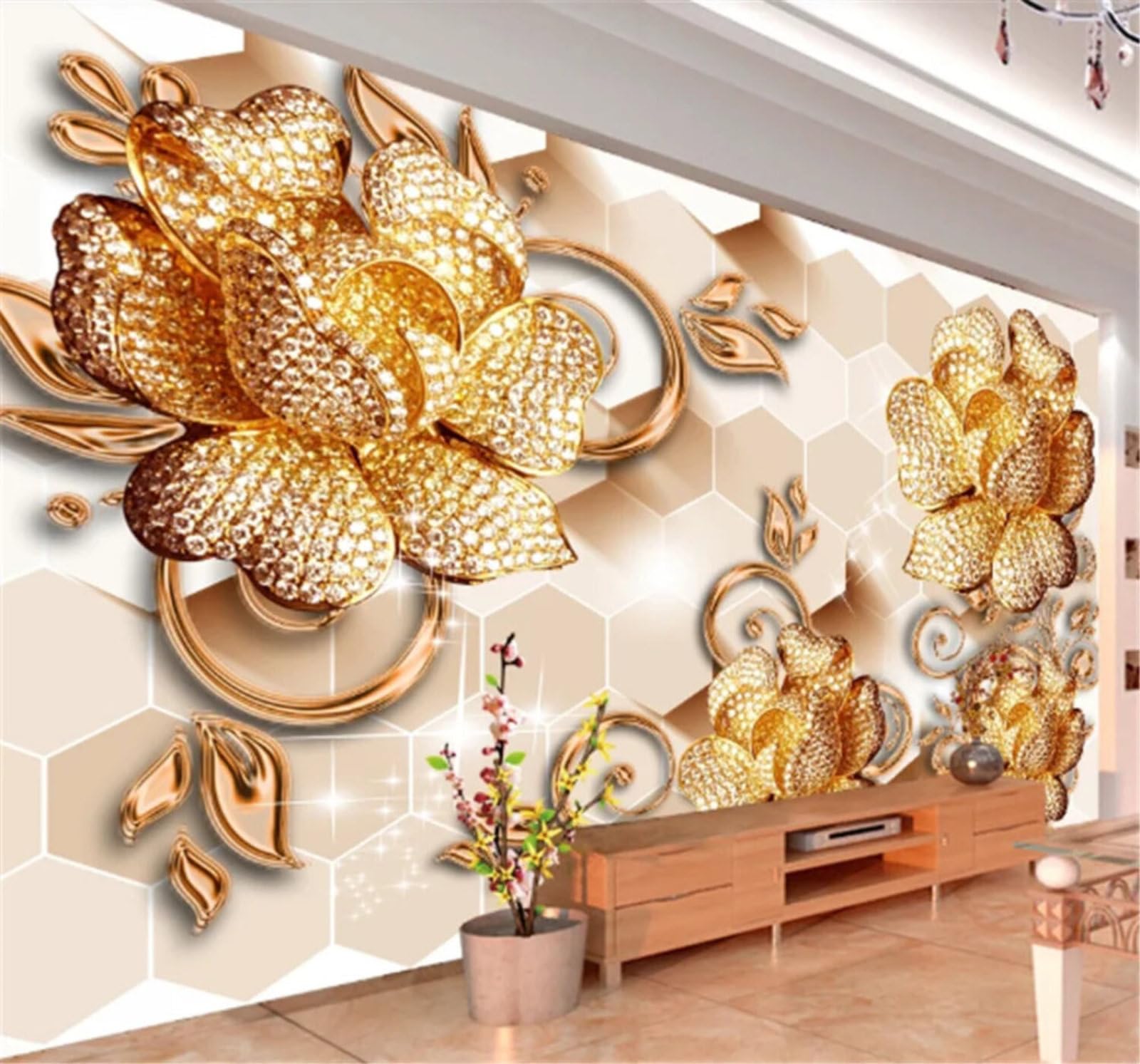 Wallpaper-3D-Xlm 200Cm×140Cm(B×H) Affordable Luxury Opulent Gold Diamonds Flowers 3D Wallpaper Easy Install Feature Office Living Room Sofa Bedroom Tv Background Wall Decoration-200Cm×140Cm
