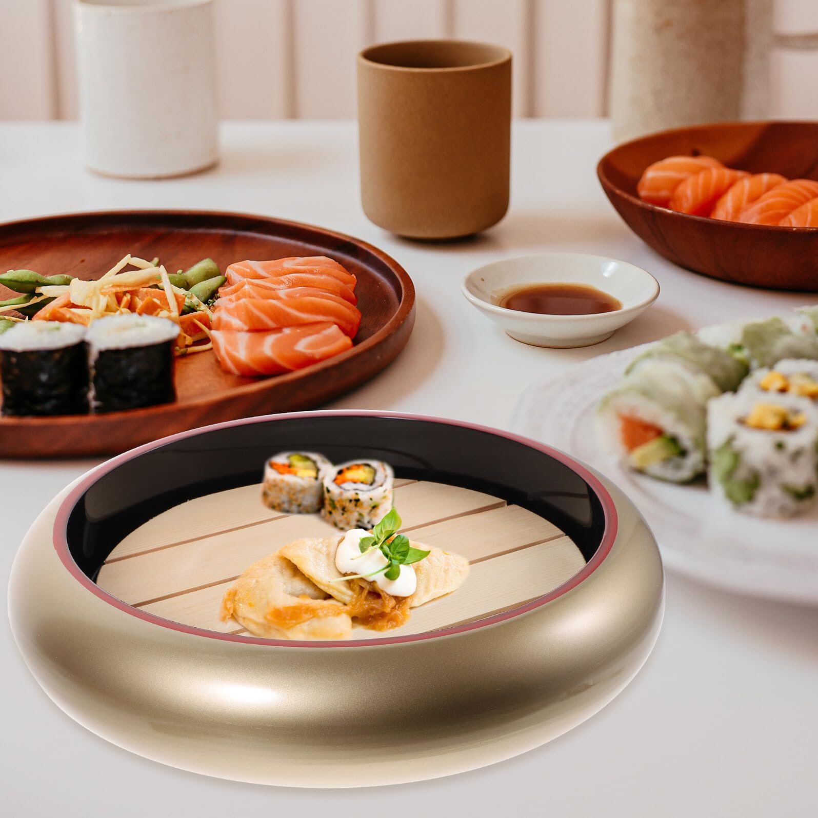 Gatuida Assiette de Sushis et Sashimi Facile à Nettoyer Réutilisable en Bois et Abs 2 Pièces Style Japonerie pour Présentation la Maison