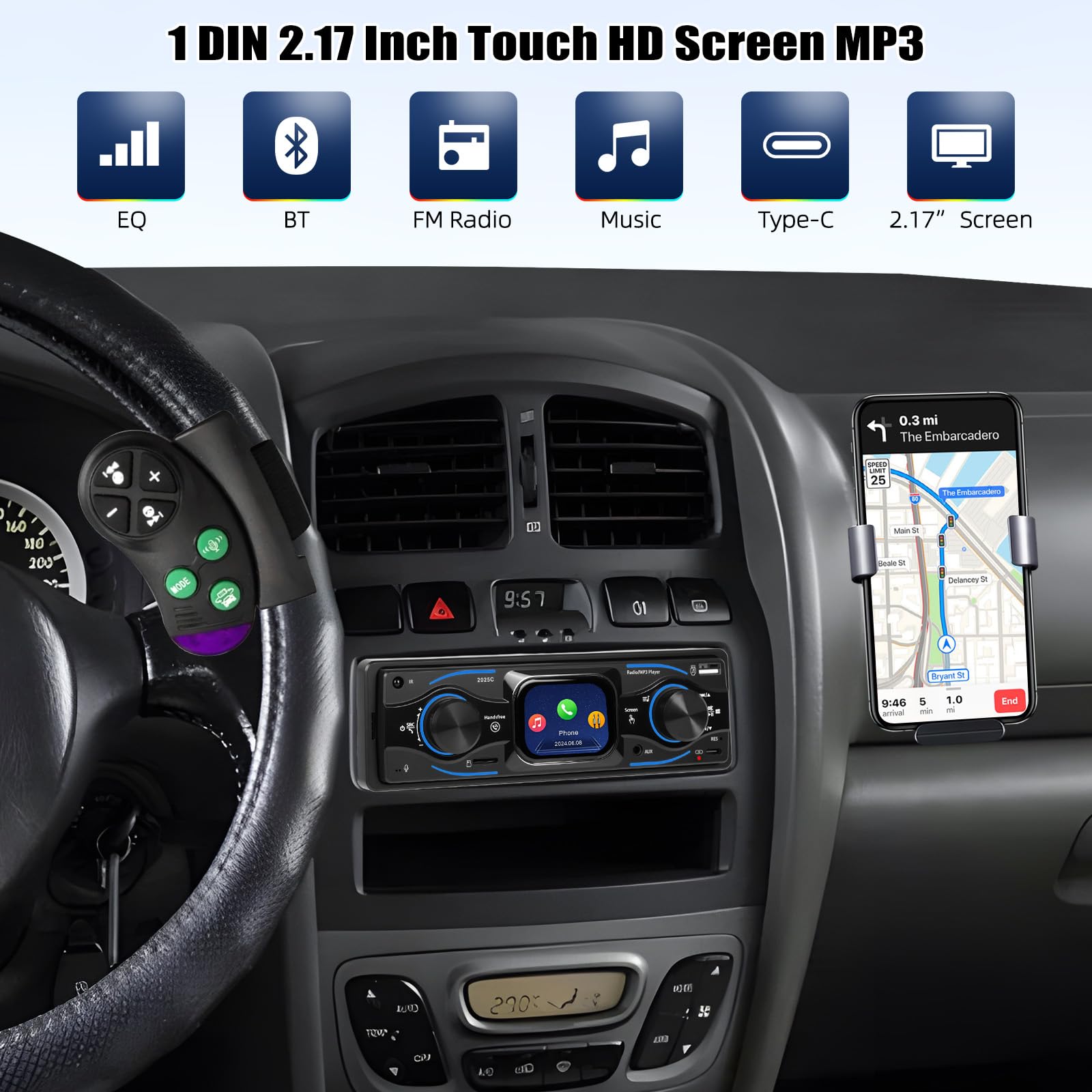 [2.17" SCHERMO TOUCH] CAMECHO Autoradio 1 Din Bluetooth Vivavoce Lettore Multimediale Digitale con Radio FM, Lettore MP3 per Auto, USB/Ingresso AUX/Riproduzione da Pen Drive + Telecomando Incluso