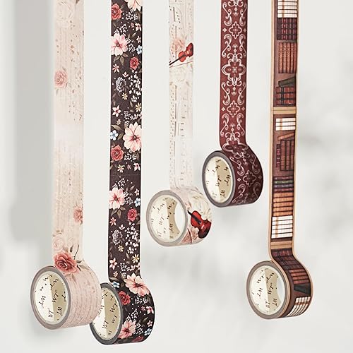 WT Academia Washi - Juego de 5 rollos, diseños originales, cinta adhesiva decorativa floral vintage, cinta ancha para manualidades, suministros de