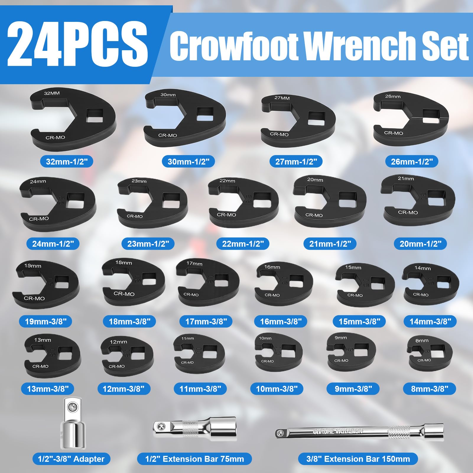 Crowfoot Ensemble de Clés, 24 Pièces Ensemble de Clé à Fourche à Emmancher 1/2" 3/8", Entraînement Extérieur Carré Clé, 8-32mm Drive Métrique Coffret de Douilles à Tuyauter, Clé à Écrou Évasé