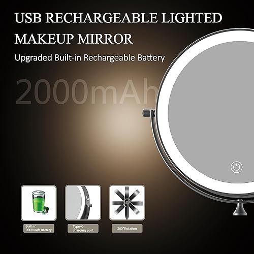 Miniatura 6 de Espejo de tocador de maquillaje iluminado recargable montado en la pared de 8 pulgadas, doble cara 1X 10X, espejo de baño con aumento de 3 colores,