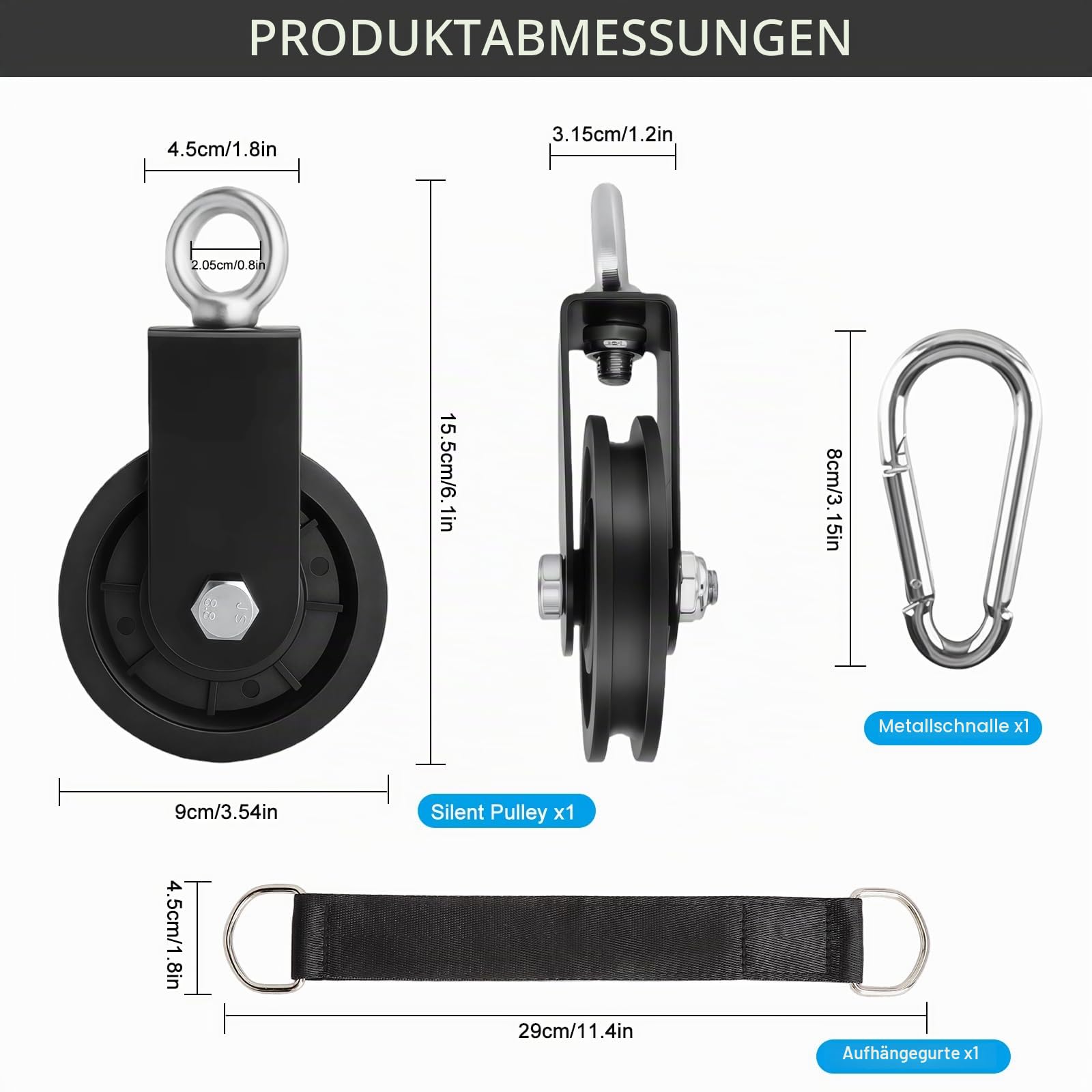 Umlenkrolle Seilrolle mit Hängegurt Karabiner Fitness Flaschenzug DIY Latzug Seil 90mm Seilrolle Fitness Latzugstange Seilzug Schaukelzubehör Trainer Zubehör für Home Gym Fitnessgeräte
