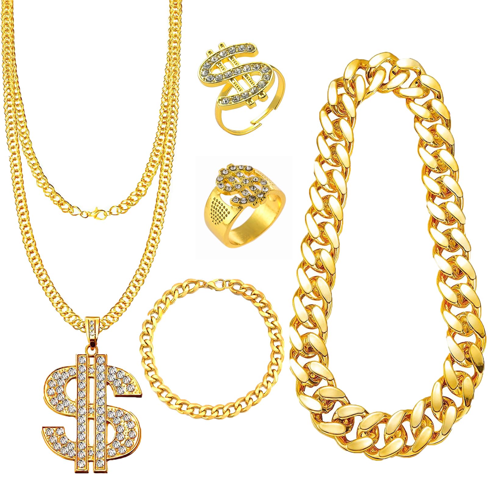 atnayo 5 Pcs 80s 90s Fancy Dress Set, Retro Accessories with Dollar Necklace Ring Bracelet Wide Ring Gold Chain for Hip Hop Disco Themed Party