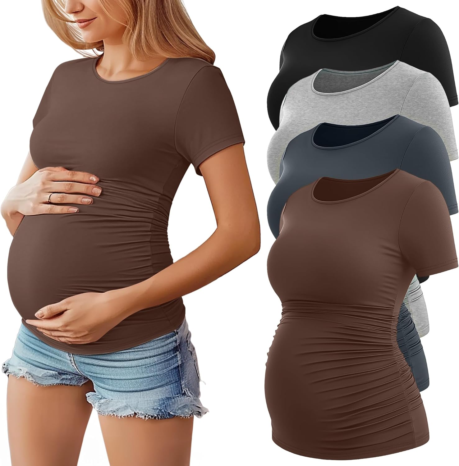 Huukeay 4 Pack Women's Maternity Shirts, Crew Neck Maternity Top Short Sleeve Casual Cotton Tee Side Ruched Pregnancy Clothes