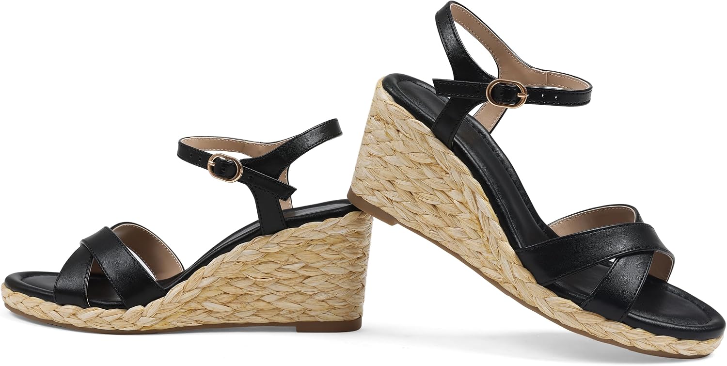 Marc Ford Womens Wedge Sandals 2026 Espadrille Platform Ankle Strap Wedges Comfort Open Toe Raffia Wedges Summer Vacation Casual Sandals 3 inch