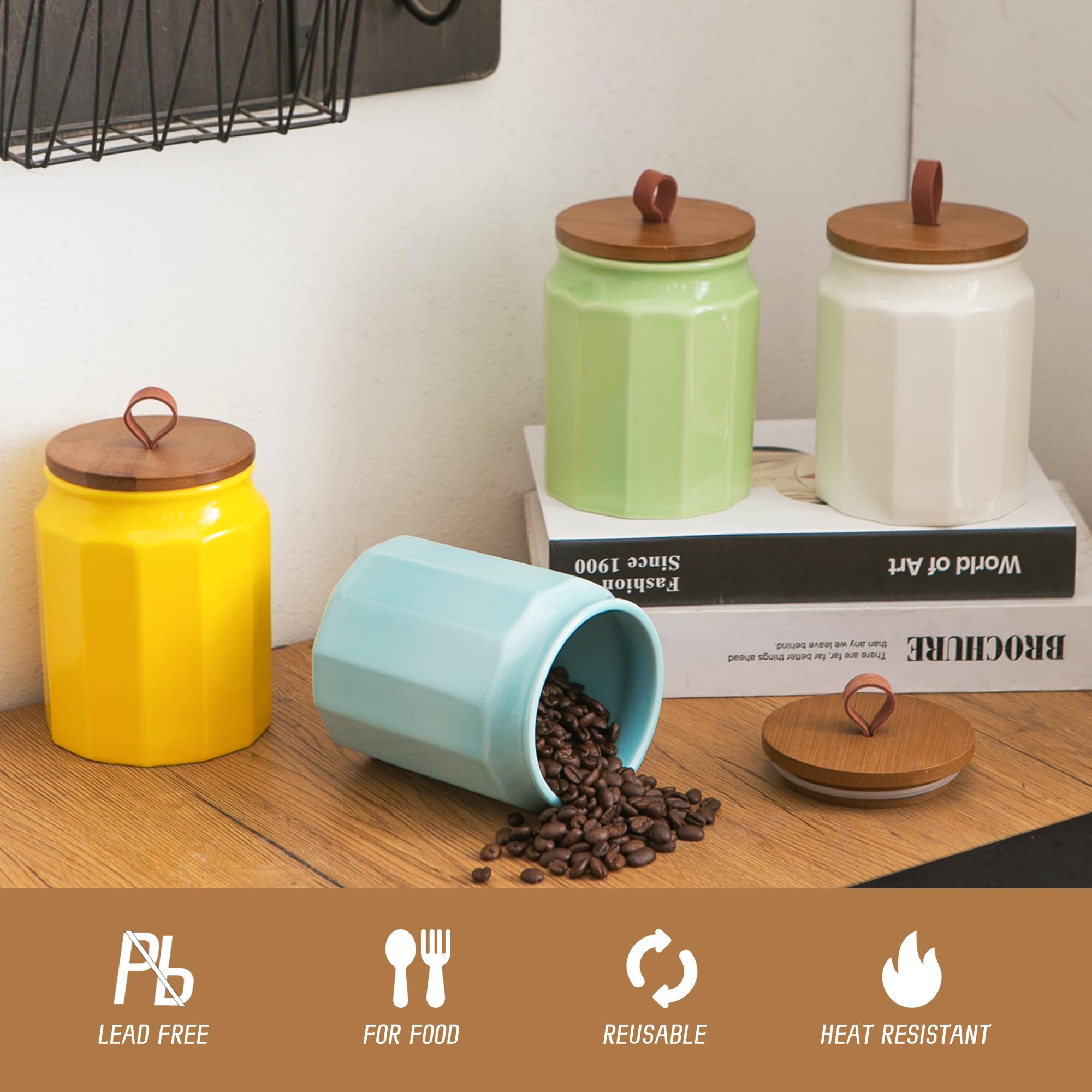 Set di 4 contenitori da cucina in ceramica con coperchi ermetici in bambù, cucchiai ed etichetta, grandi contenitori per farina e zucchero per servire caffè macinato