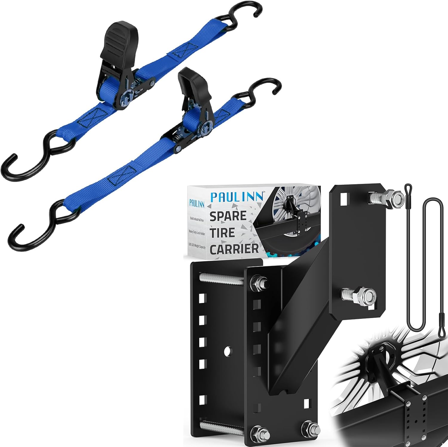 PAULINN Boat Trailer Tie-Downs Straps 1 Inch x 4 FT, 2400 LBS, Bundle with PAULINN Trailer Spare Tire Mount, Fits 4/5 / 6 Lugs Trailer Wheels on 4", 4.5'', 4.75'', 5'' and 5.5'' Bolt Patterns
