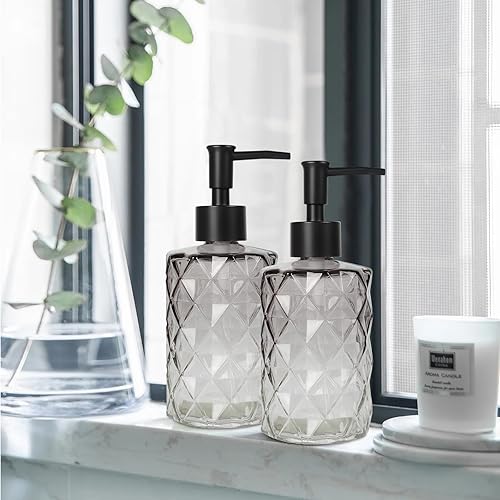 Miniatura 5 de Dispensador de jabón de vidrio degradado negro con bomba, paquete de 2 dispensadores de jabón de manos para baño, loción recargable y dispensador de