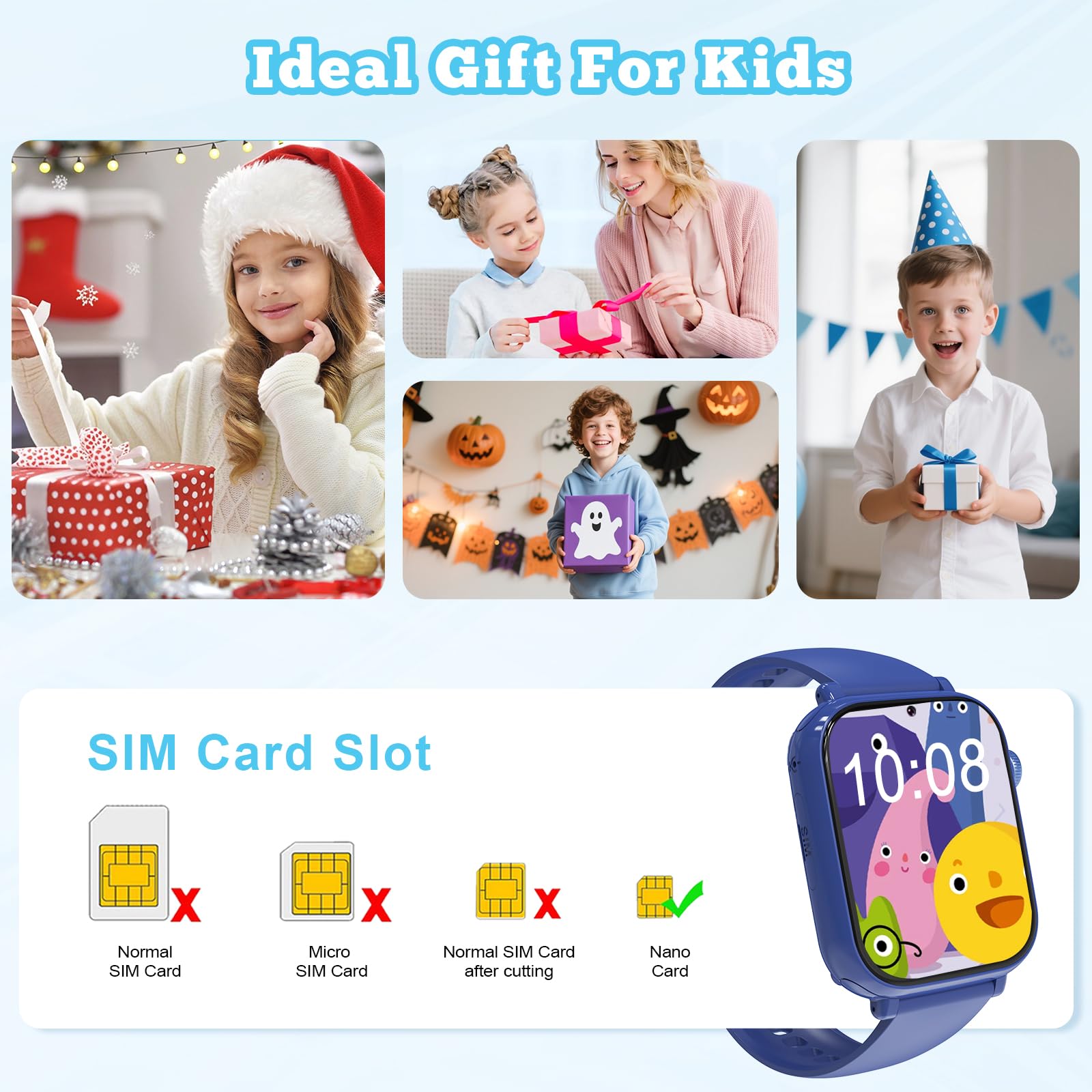 Smartwatch Bambini GPS 4G, Orologio Intelligente con Telefono Videochiamata | Chat, SOS, Sveglia, Contapassi, Camera, Modalità Classe, Gioco, Smart Watch per Ragazza e Ragazzo 4-12 Anni Regalo, Blu