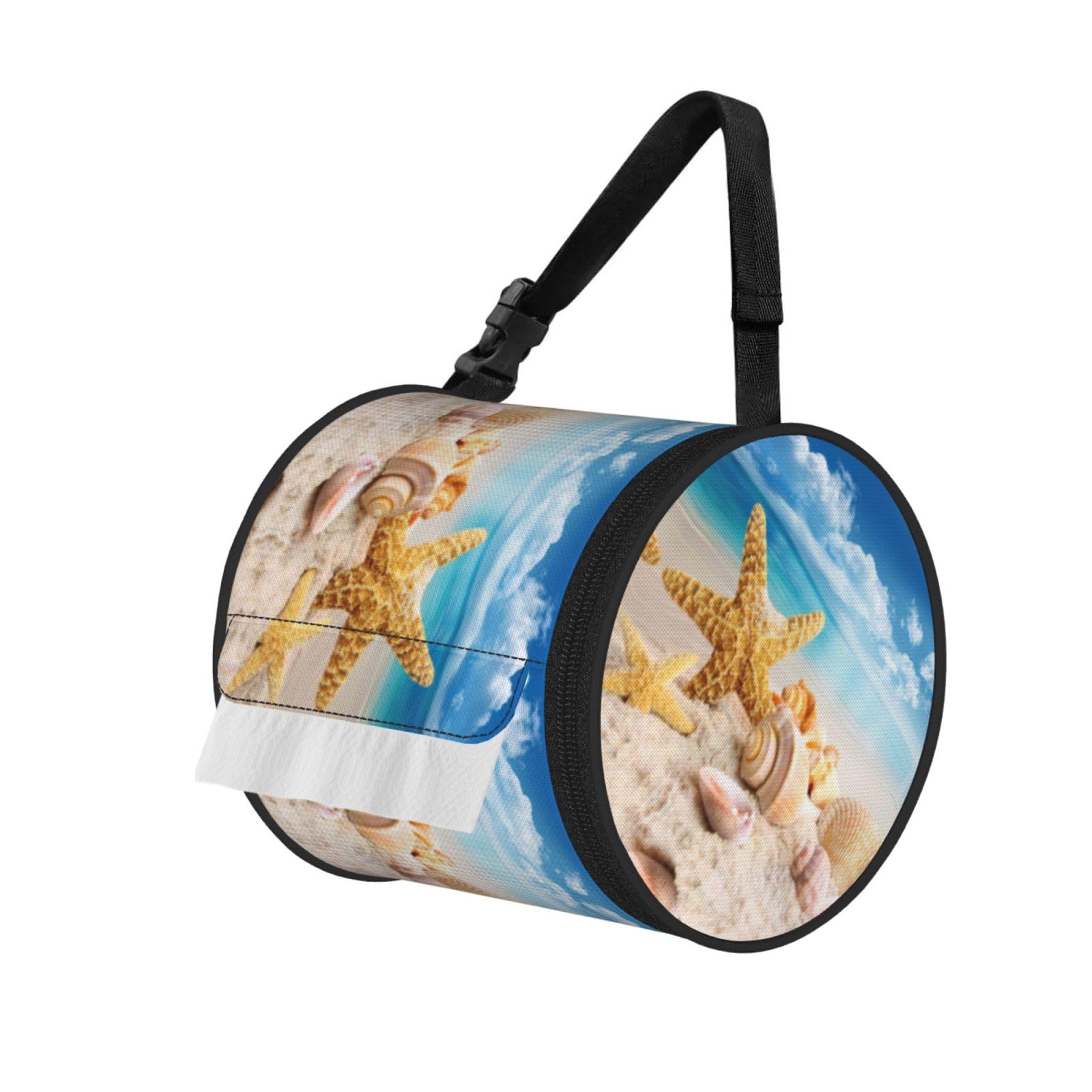 Jiuty Black Beach Starfish Shells Print Cylinder Tissue Organizer Bag With Strap, Portable Toilet Roll Holder For Camping Car