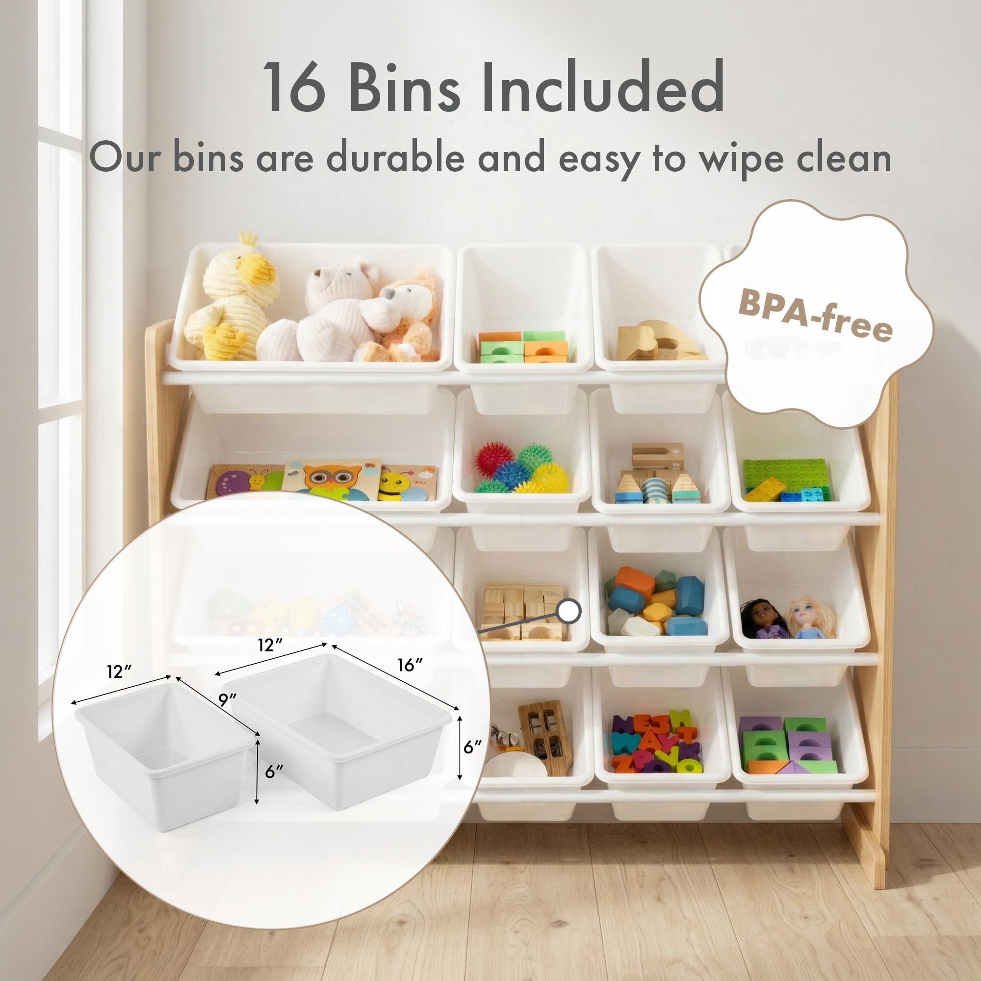 HumbleCrew Scaffale Bambini Spazioso: Organizer Giocattoli con 16 Contenitori, Design Naturale/Bianco, Ideale per Camerette Eleganti e Ordinate